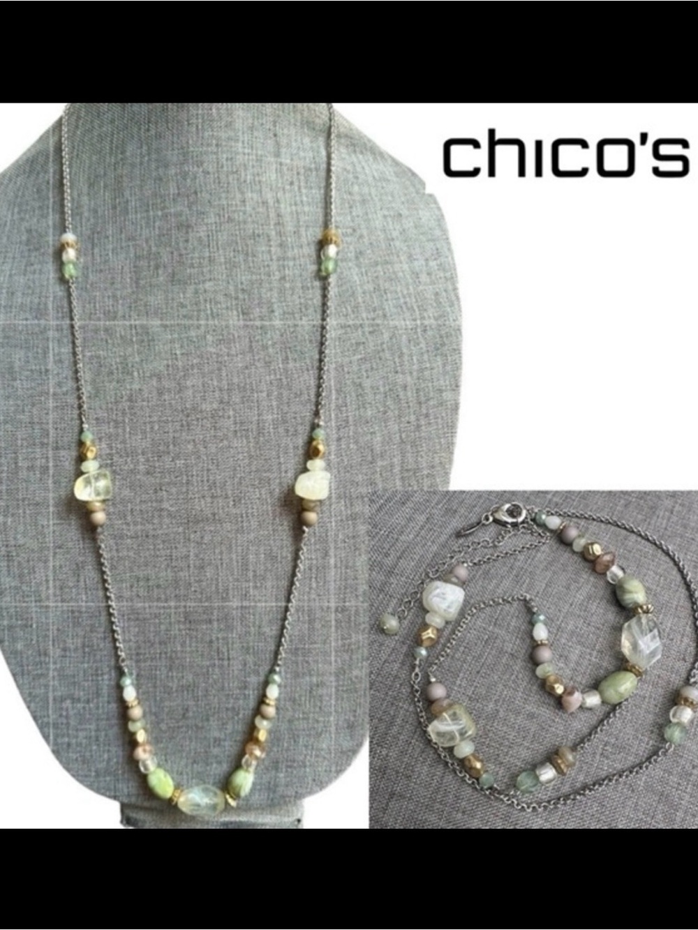 Chico’s Long Green Bead Silver Tone Necklace Boho Classic Casual 34”